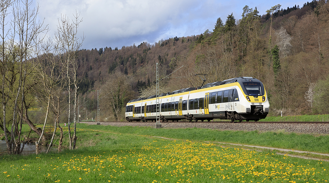 DB Regio mit einem Triebzug der Baureihe 442 als Regionalbahn auf der Strecke Singen – Stuttgart zwischen Aistaig und Sulz.