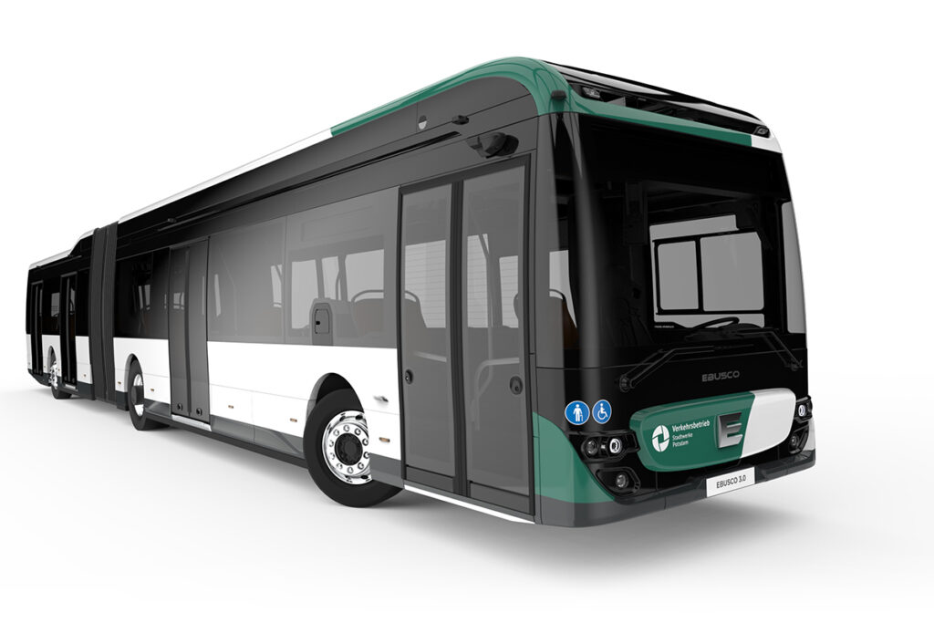 Die E-Gelenkbusse des Typs Ebusco 3.0 für Postdam werden vier doppelte Einstiegstüren haben.