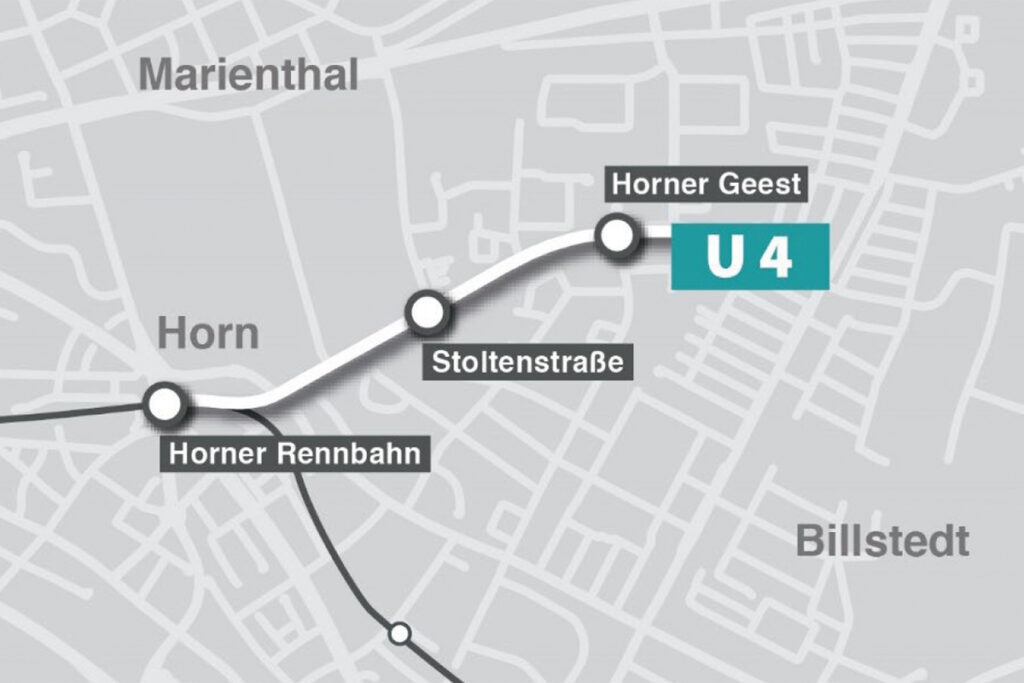 An der Haltestelle Horner Rennbahn wird die U4 von der Bestandsstrecke der U2 (in/aus Richtung Billstedt) abzweigen.
