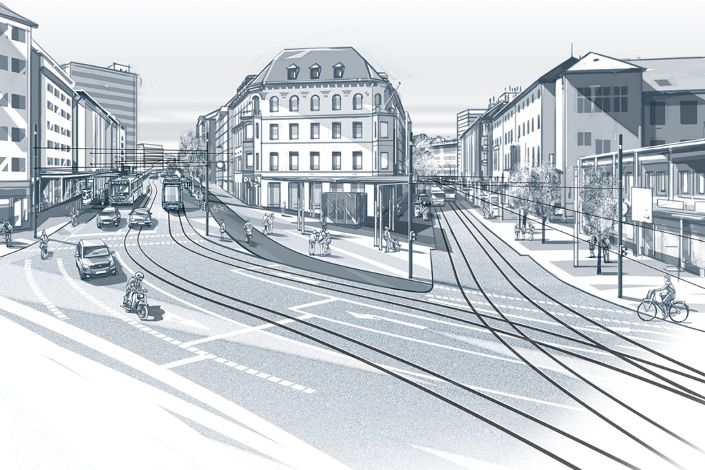 Zeichung von Straßenbahn-Gleisen am Münsterplatz in Mainz.