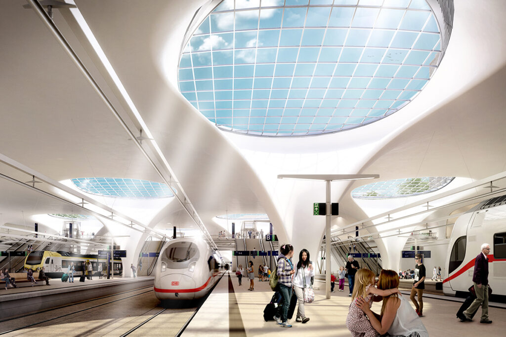 Ein Entwurf des neuen Stuttgarter Tiefbahnhofs mit Bahnsteigen, Zügen und Menschen.
