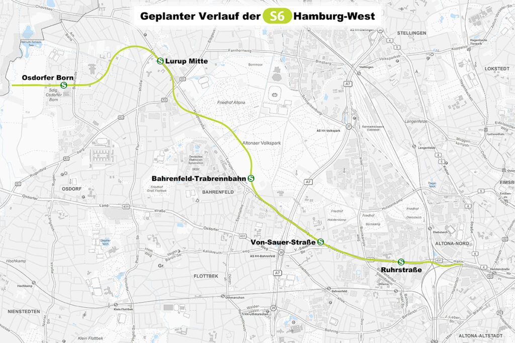 Eine Karte mit dem Linienverlauf der S6 Hamburg-West.