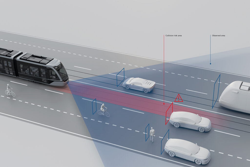 Eine Straße mit Autos, Radfahrern und Straßenbahnen.