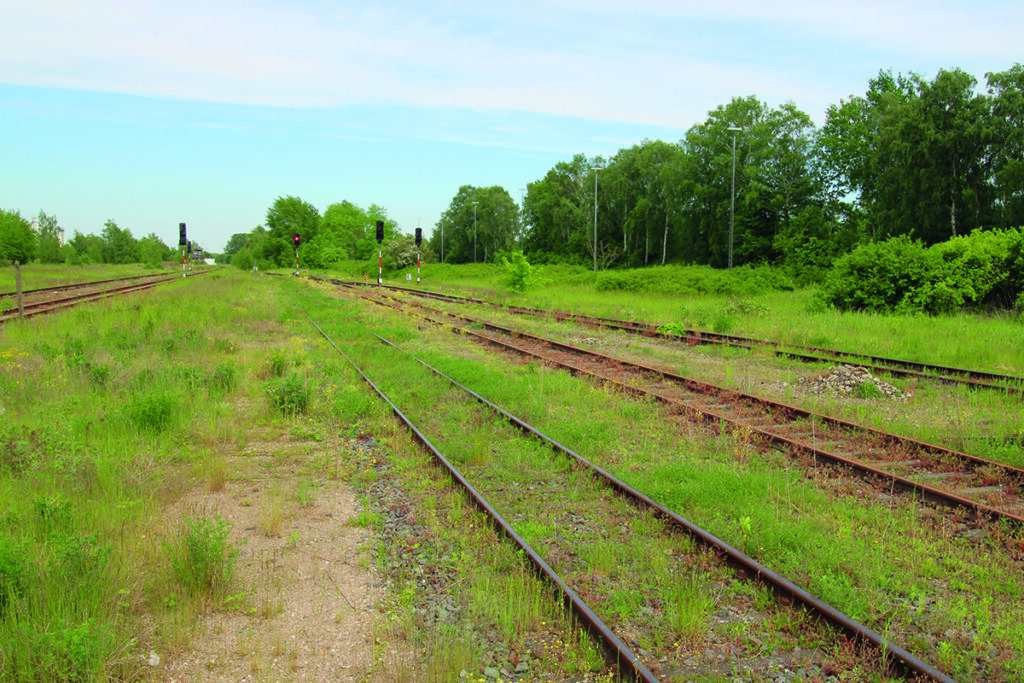 Auf Gleisen in einem Bahnhof wächst Gras.