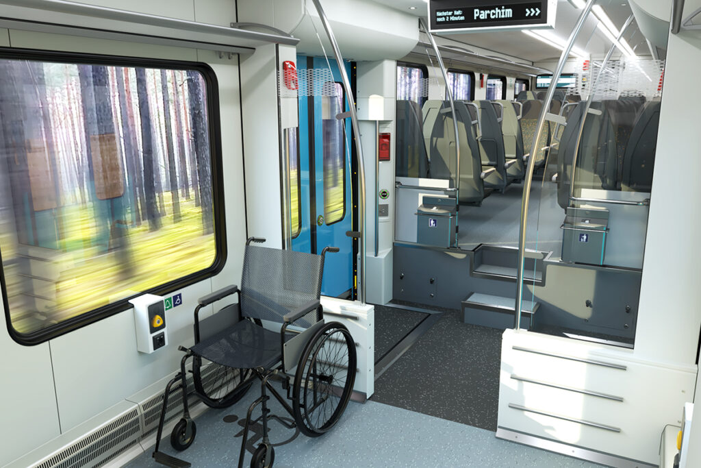 Designstudie des Inneren eines Zuges mit Rollstuhlplatz und Sitzen.