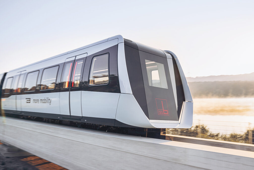 Visualisierung einer Schwebebahn auf einer Betonstrecke.