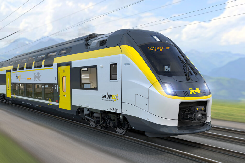 Darstellung eines Doppelstockzuges, der auf einem Gleis fährt.