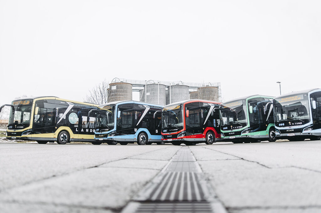 Mehrere Busse stehen nebeneinander auf einem Platz.