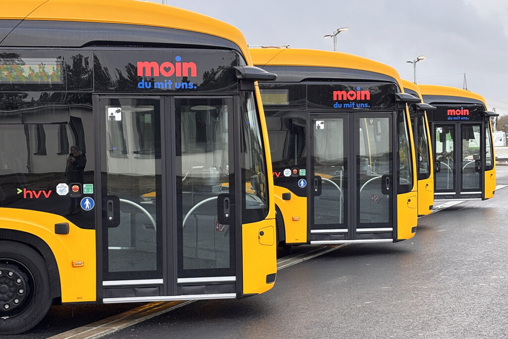 Mehrere Elektrobusse stehen nebeneinander.