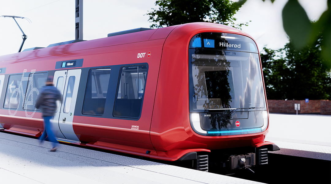 Darstellung eines Zuges an einem Bahnsteig.