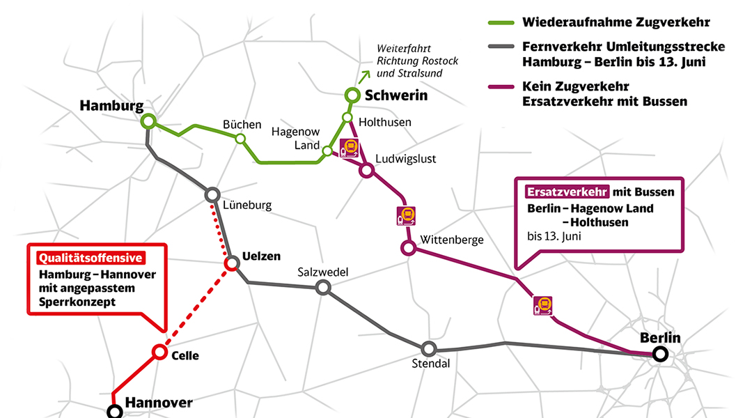 Auf einem Plan sind die Strecken zwischen Hamburg, Berlin und Hannover dargestellt.