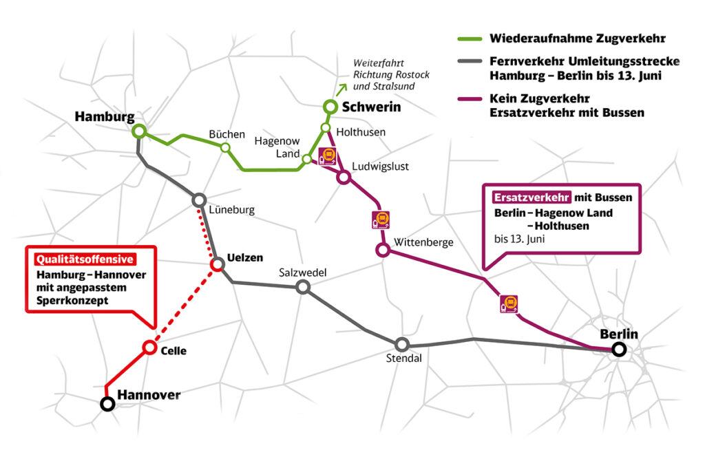 Auf einem Plan sind die Strecken zwischen Hamburg, Berlin und Hannover dargestellt.