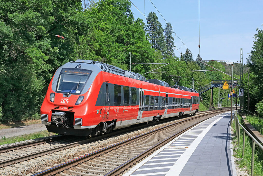 Ein S-Bahn-Triebzug fährt auf einer zweigleisigen Strecke durch den Wald.