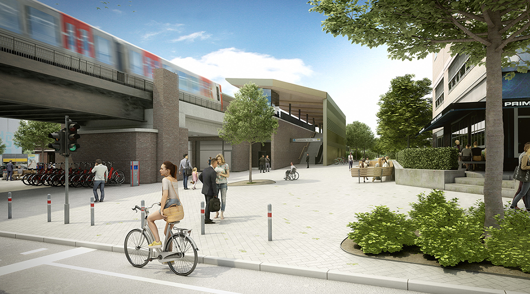 Visualisierung einer U-Bahn-Station auf einem Bahndamm.