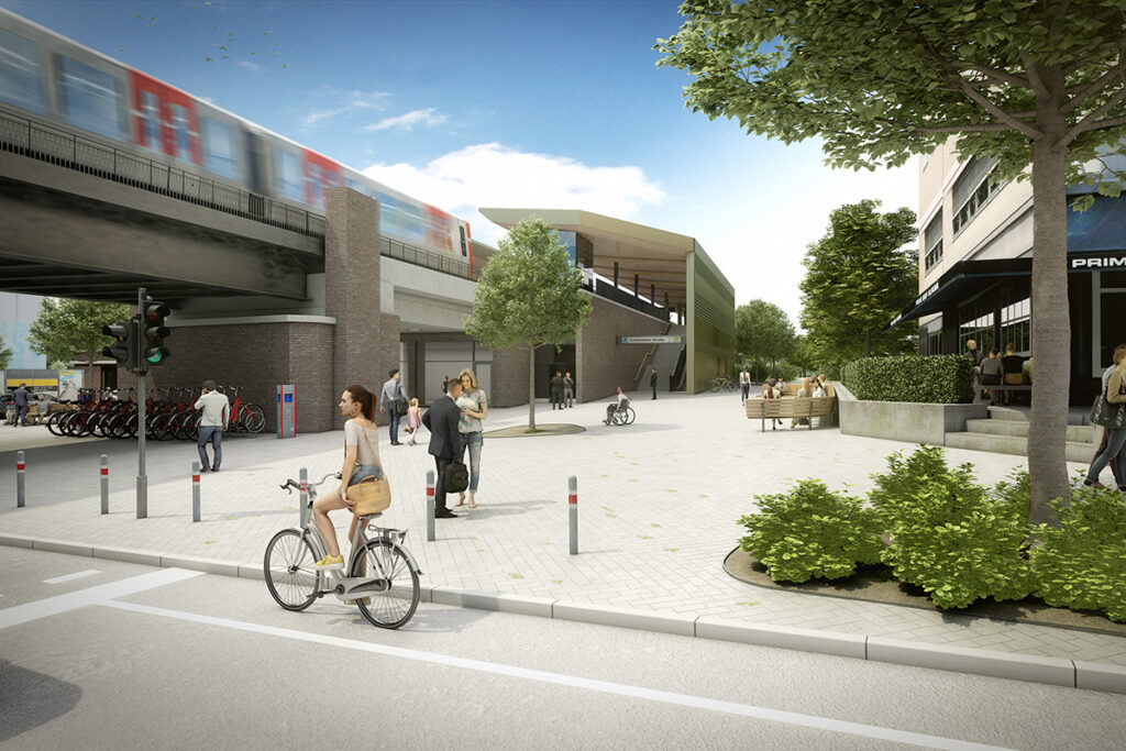 Visualisierung einer U-Bahn-Station auf einem Bahndamm.