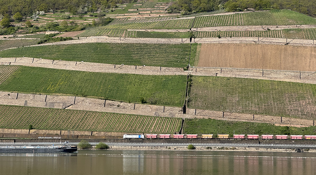 Ein Zug fährt vor Bergen an einem Fluss entlang.