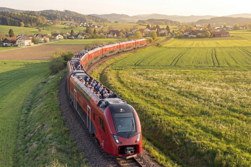 Ein Zug mit offenem Dach fährt durch Wiesen und an Häusern vorbei.