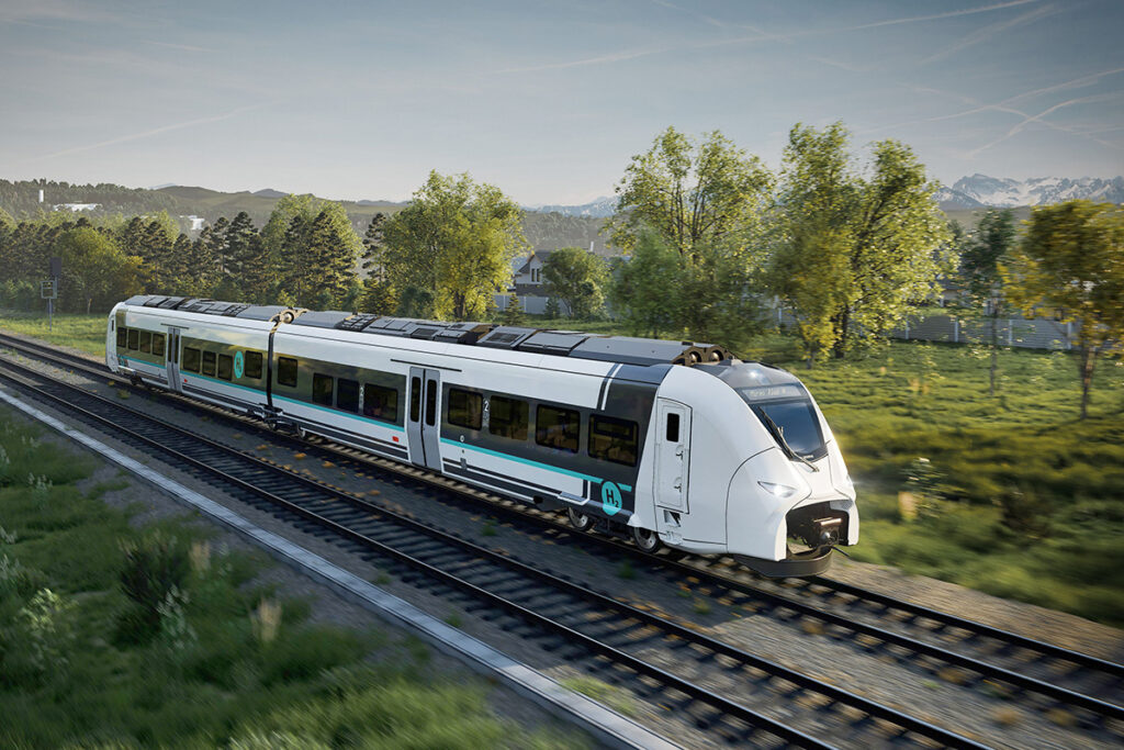 Visualisierung eines Wasserstoffzuges, der auf einer zweigleisigen Strecke fährt.