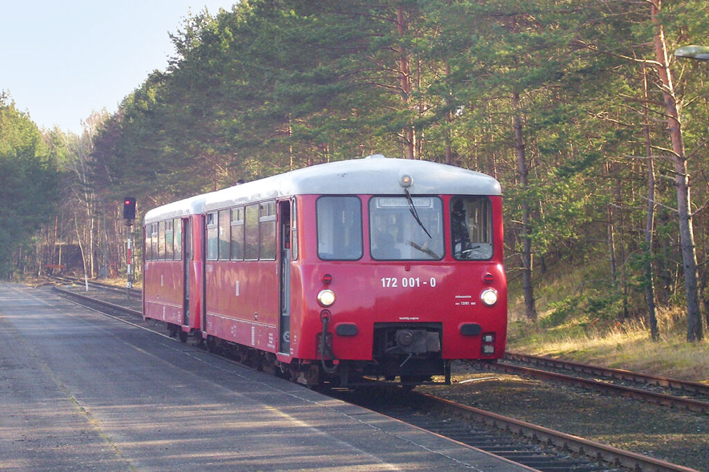 Ein Triebzug steht an einem Bahnsteig neben einem Waldgebiet.