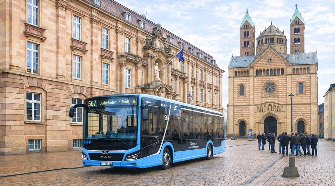 Ein Elektrobus fährt durch eine Straße, im Hintergrund der Dom von Sepyer.