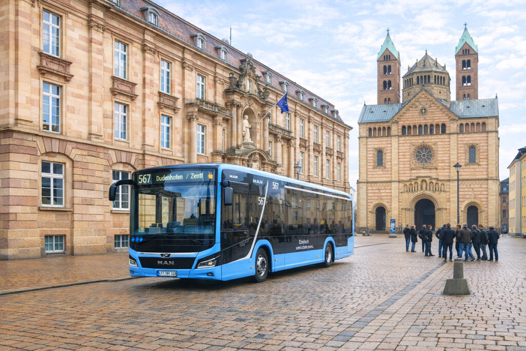 Ein Elektrobus fährt durch eine Straße, im Hintergrund der Dom von Sepyer.