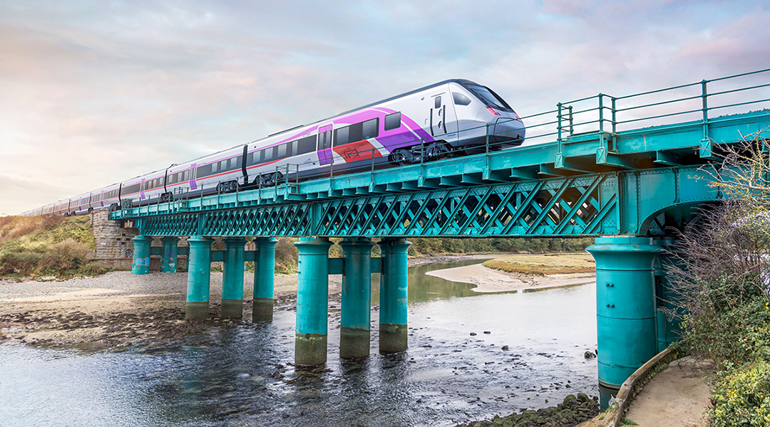 Visualisierung eines Zuges, der auf einer Brücke über einen Fluss fährt.