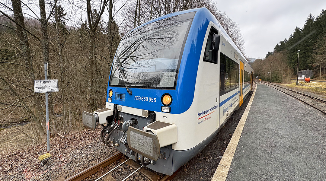 Ein Triebwagen steht an einem Bahnsteig, dahinter stehen Bäume.
