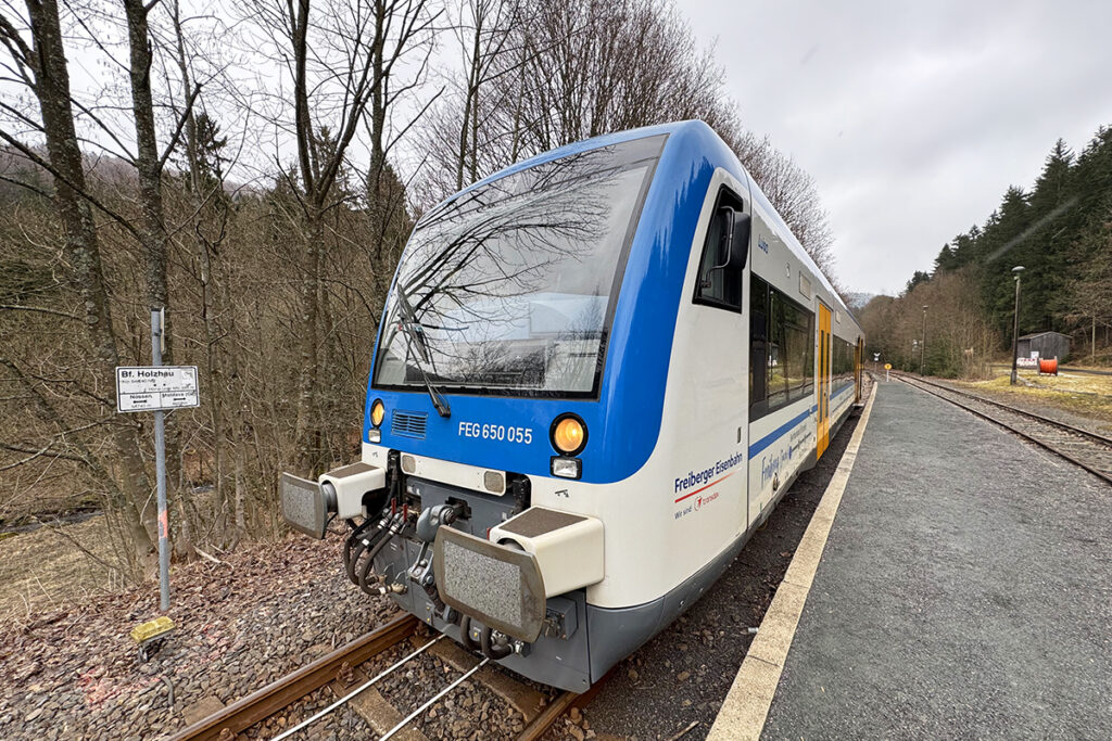 Ein Triebwagen steht an einem Bahnsteig, dahinter stehen Bäume.
