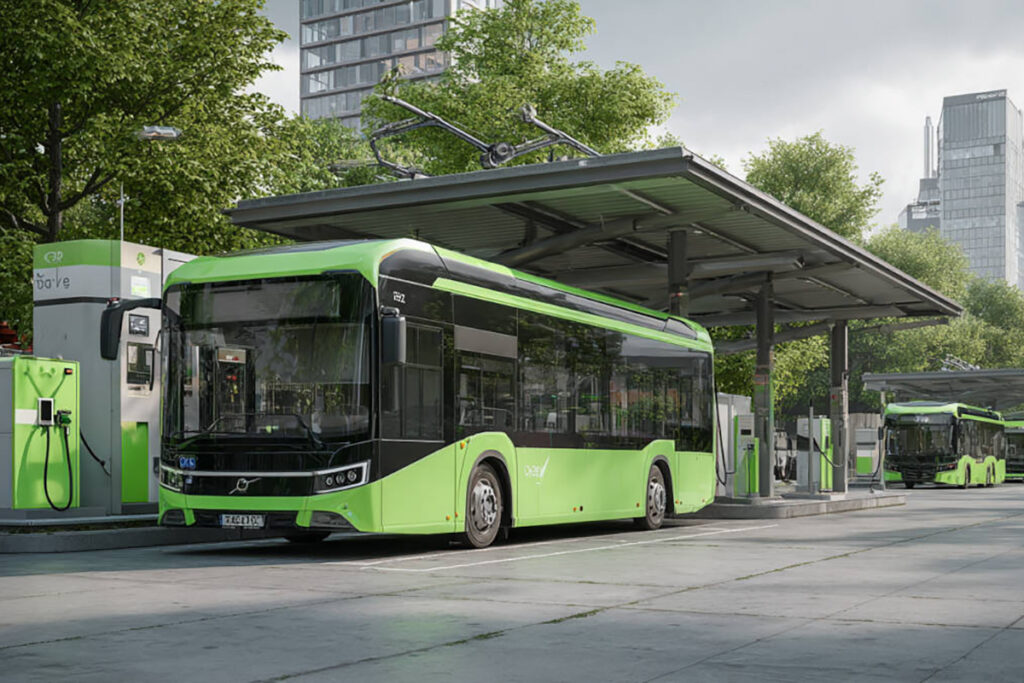 KI-generierte Visualisierung von Elektrobussen an Ladestationen.