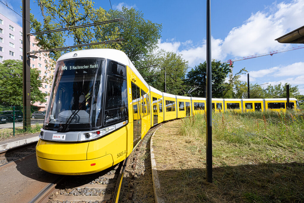 Eine lange Straßenbahn steht in einer Kurve.