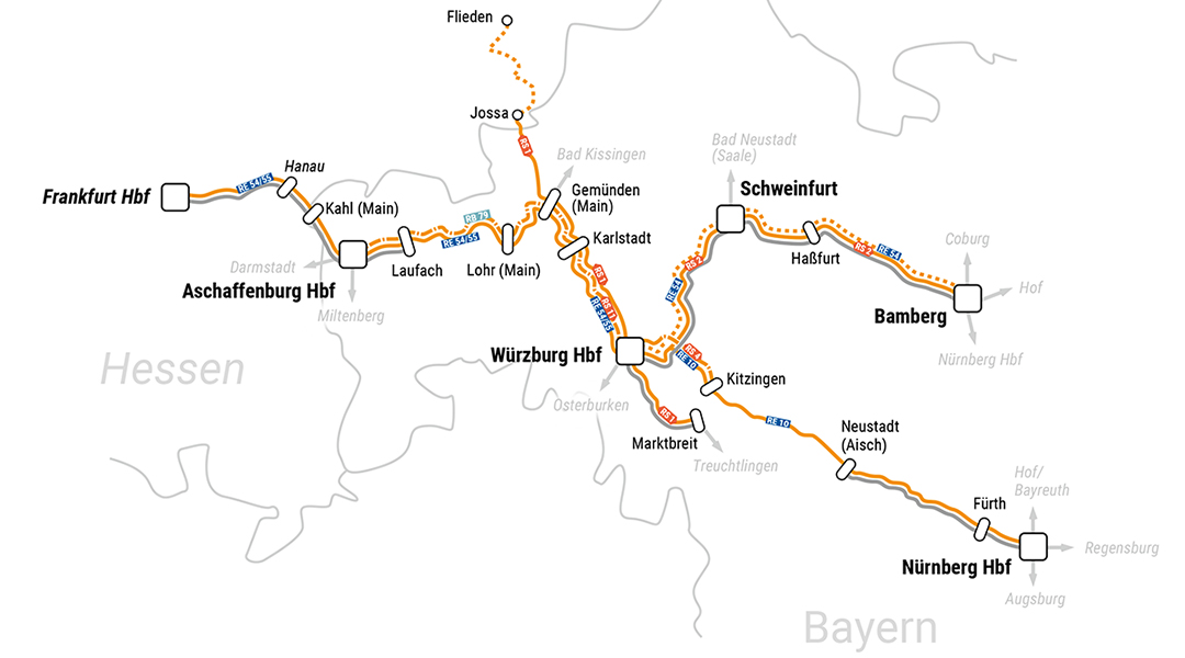 Streckenplan des Netzes Regionalverkehr Mainfranken.