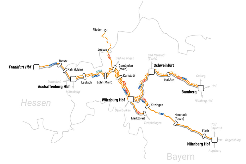 Streckenplan des Netzes Regionalverkehr Mainfranken.