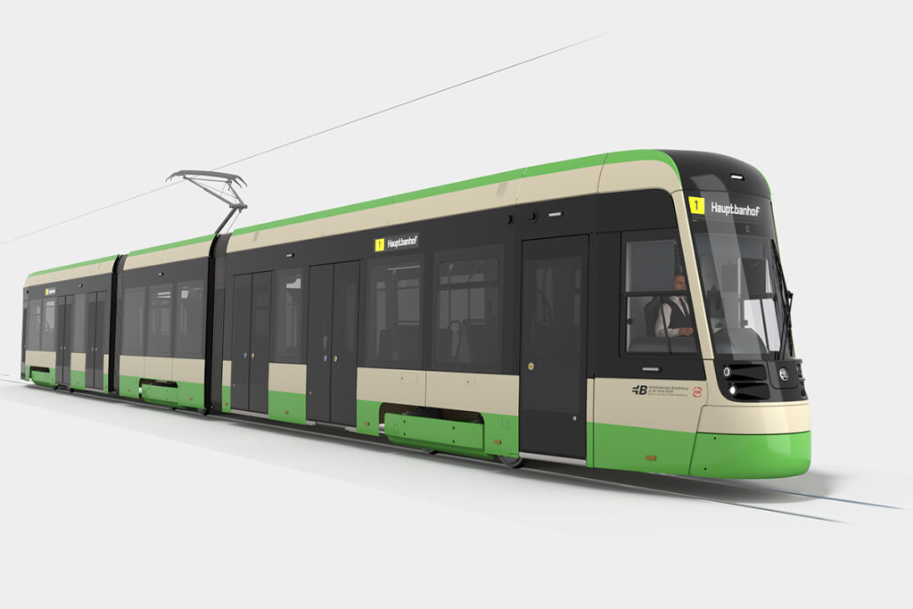 Visualisierung einer dreiteiligen Straßenbahn.