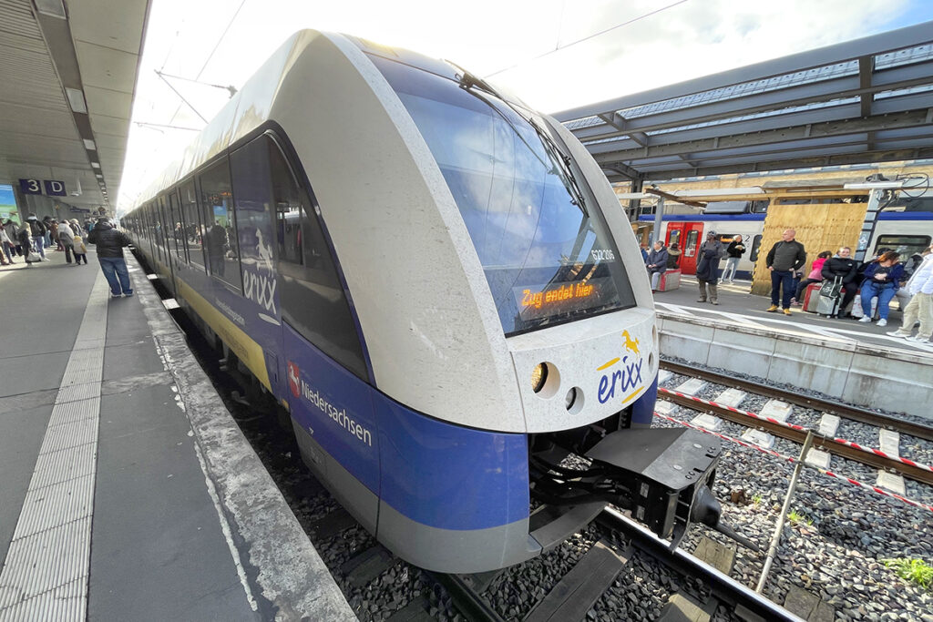 Ein Triebzug steht an einem überdachten Bahnsteig.