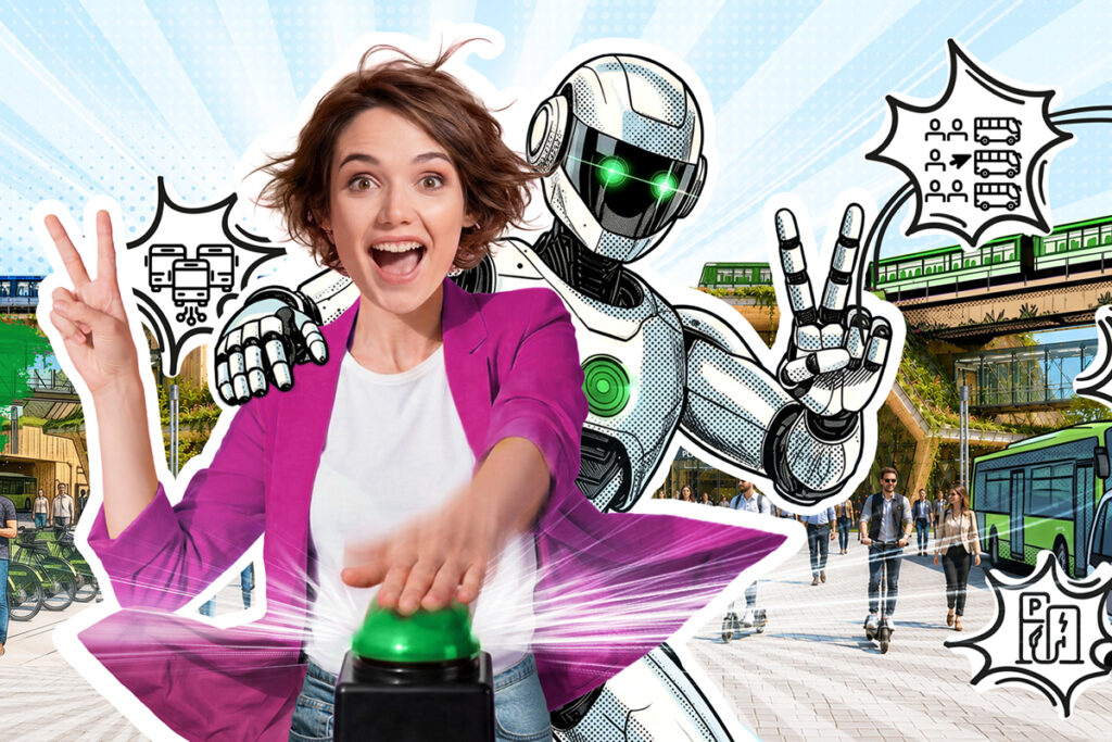 Darstellung einer Person, die auf einen Startknopf drückt, und hinter ihr steht ein Roboter.