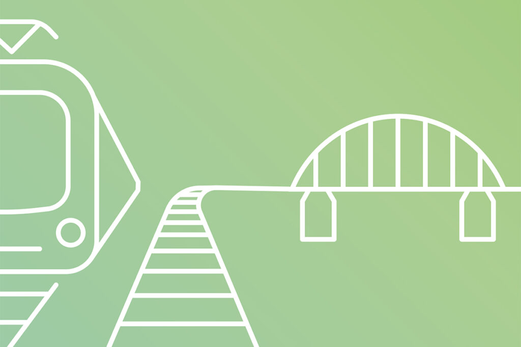 Einfach Visualisierung eines Gleises, eines Zuges und einer Brücke.